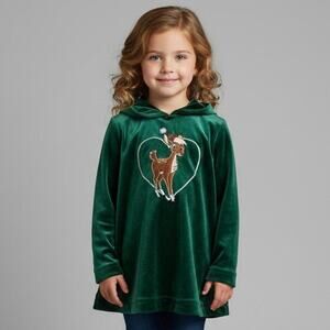Rudolph Toddler Girls 4T Dark Green Velvet Embroidered Top Sweater Christmas